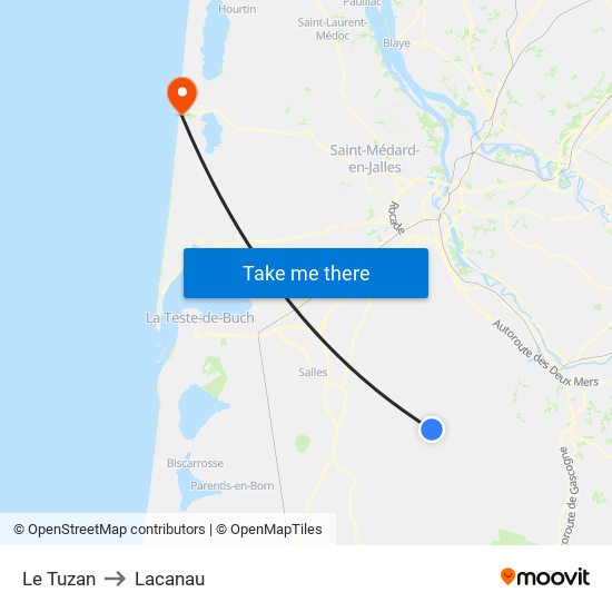 Le Tuzan to Lacanau map