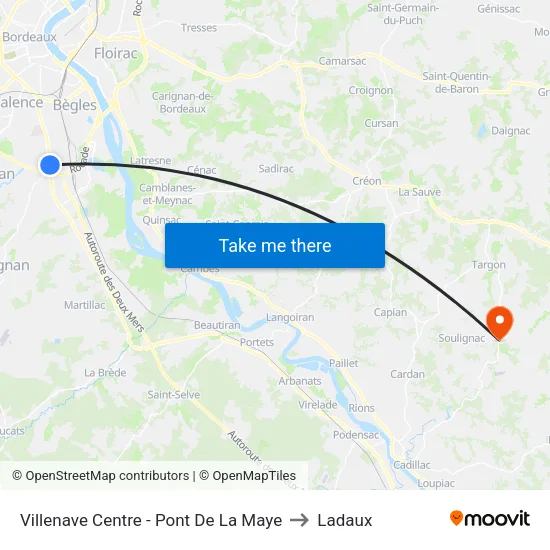 Villenave Centre - Pont De La Maye to Ladaux map