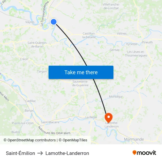 Saint-Émilion to Lamothe-Landerron map