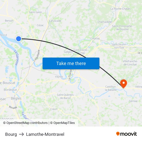 Bourg to Lamothe-Montravel map