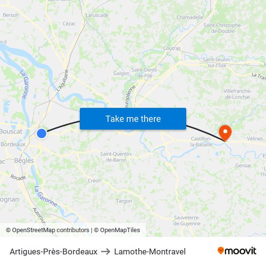 Artigues-Près-Bordeaux to Lamothe-Montravel map