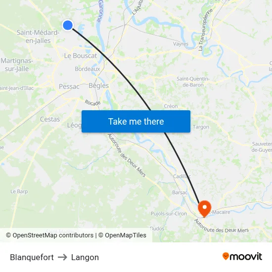 Blanquefort to Langon map