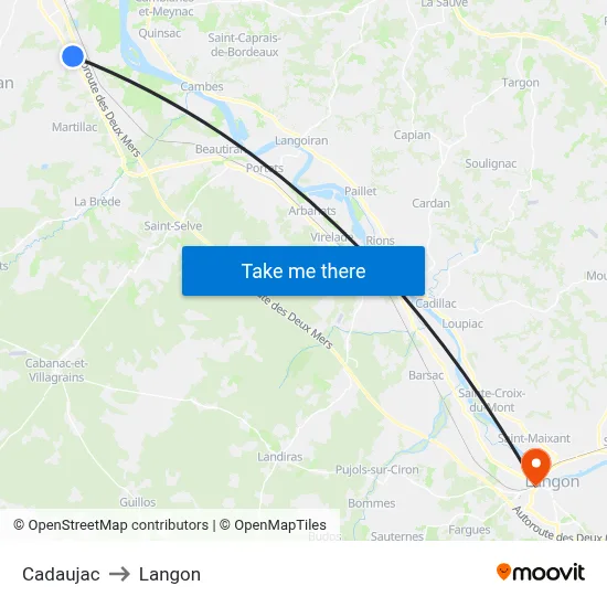Cadaujac to Langon map