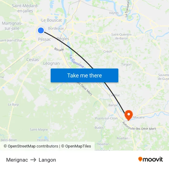 Merignac to Langon map