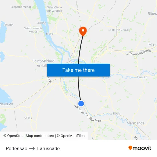 Podensac to Laruscade map