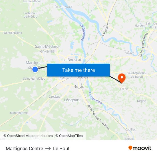 Martignas Centre to Le Pout map
