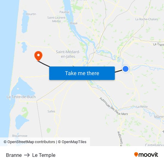 Branne to Le Temple map