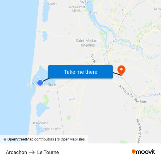 Arcachon to Le Tourne map