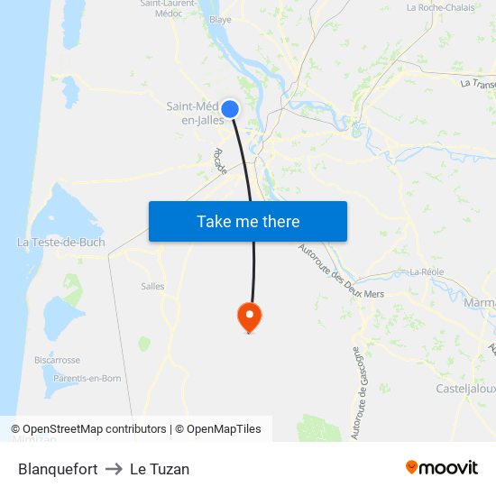 Blanquefort to Le Tuzan map