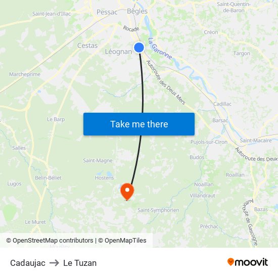 Cadaujac to Le Tuzan map