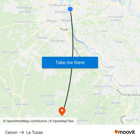 Cenon to Le Tuzan map