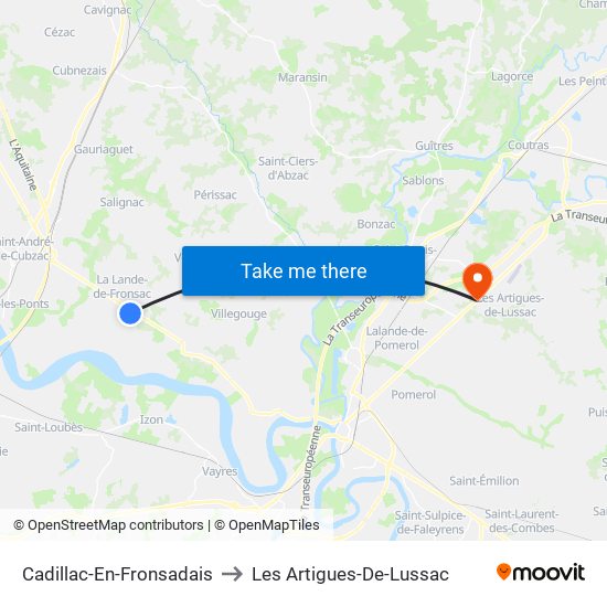 Cadillac-En-Fronsadais to Les Artigues-De-Lussac map