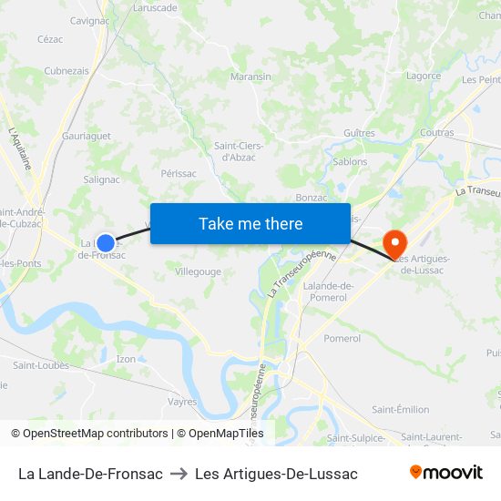 La Lande-De-Fronsac to Les Artigues-De-Lussac map