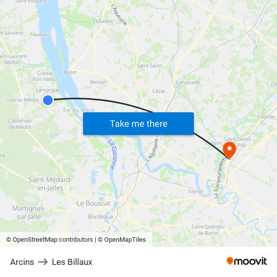 Arcins to Les Billaux map