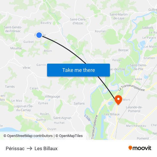 Périssac to Les Billaux map