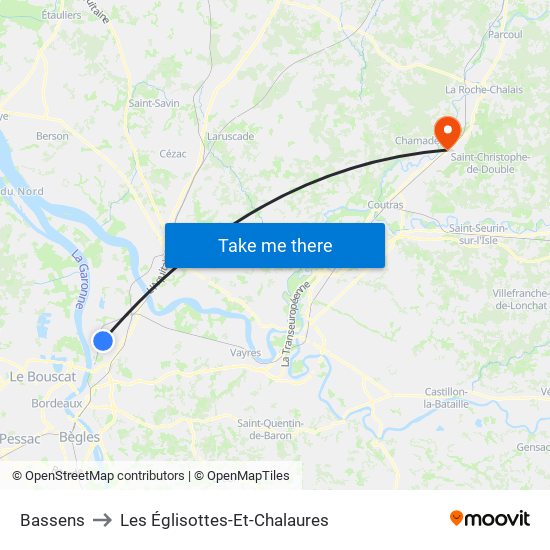 Bassens to Les Églisottes-Et-Chalaures map