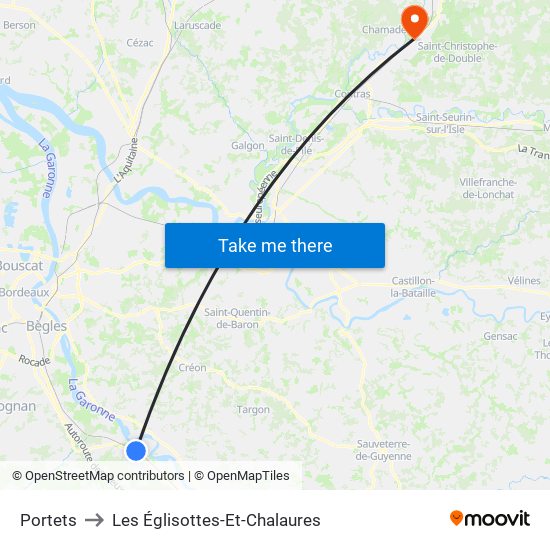 Portets to Les Églisottes-Et-Chalaures map