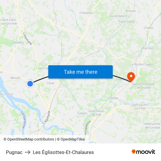Pugnac to Les Églisottes-Et-Chalaures map