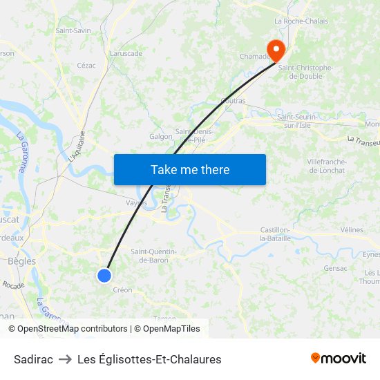 Sadirac to Les Églisottes-Et-Chalaures map
