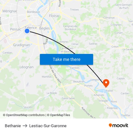 Bethanie to Lestiac-Sur-Garonne map