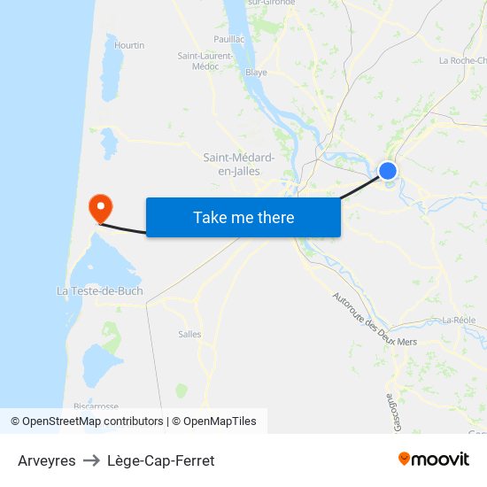 Arveyres to Lège-Cap-Ferret map