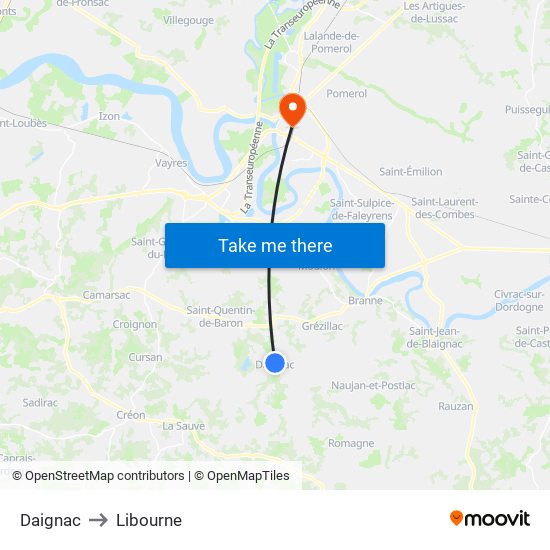 Daignac to Libourne map