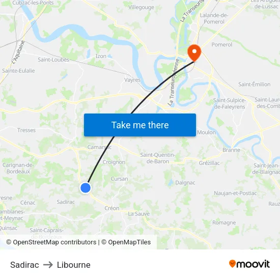 Sadirac to Libourne map