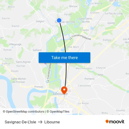 Savignac-De-L'Isle to Libourne map