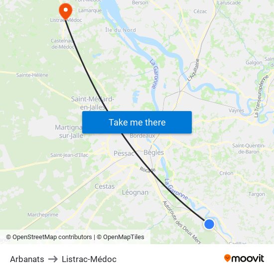 Arbanats to Listrac-Médoc map