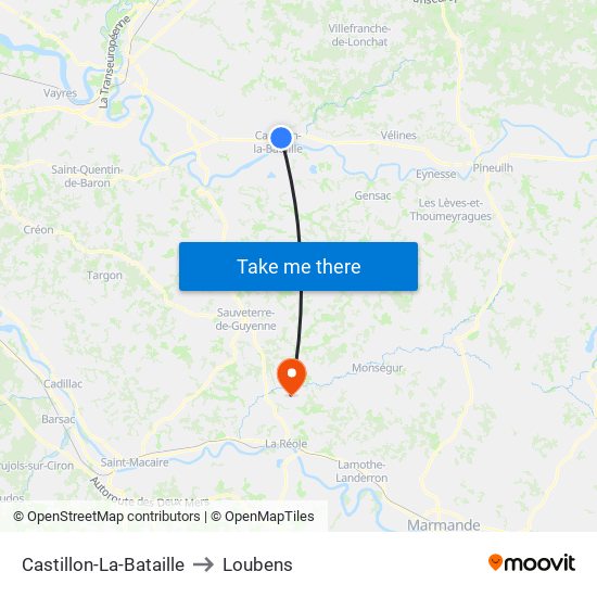 Castillon-La-Bataille to Loubens map