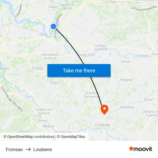 Fronsac to Loubens map