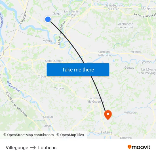 Villegouge to Loubens map