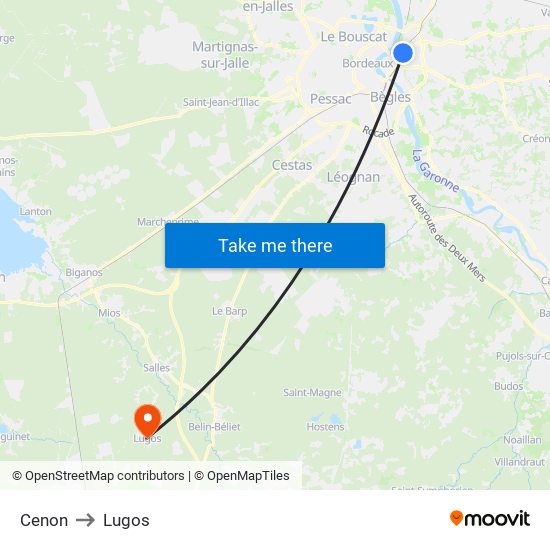 Cenon to Lugos map