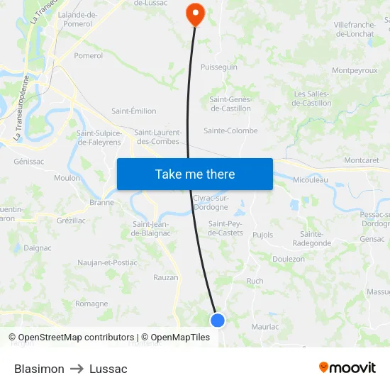 Blasimon to Lussac map