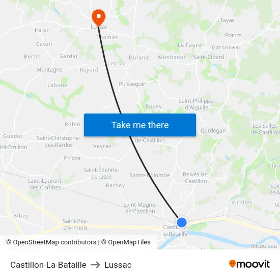 Castillon-La-Bataille to Lussac map