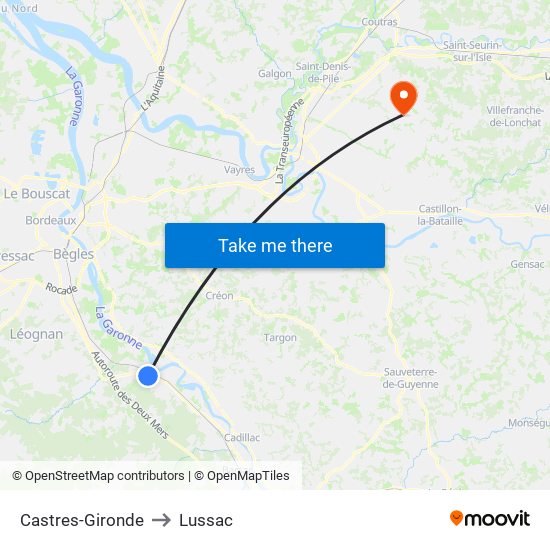 Castres-Gironde to Lussac map