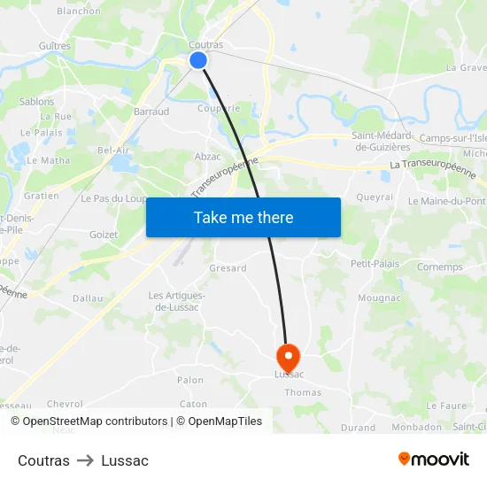Coutras to Lussac map
