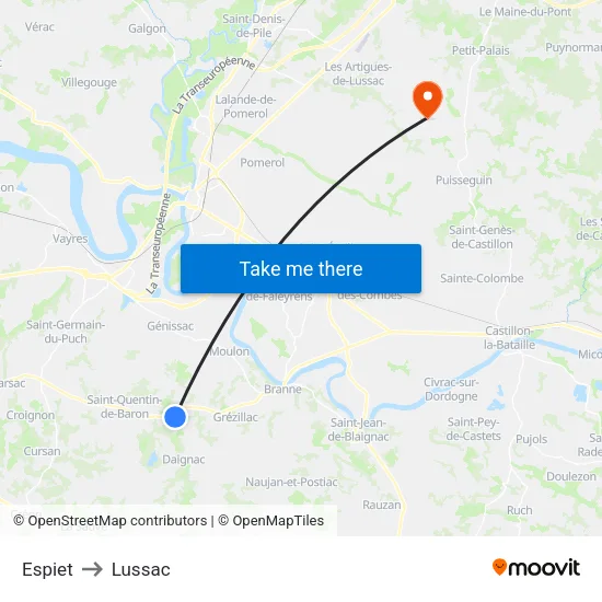 Espiet to Lussac map