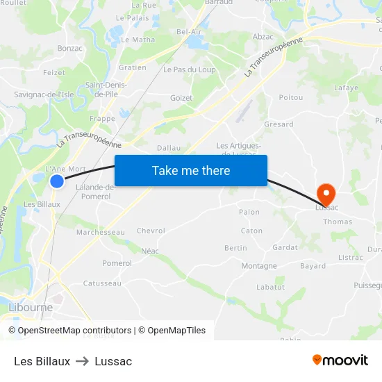 Les Billaux to Lussac map