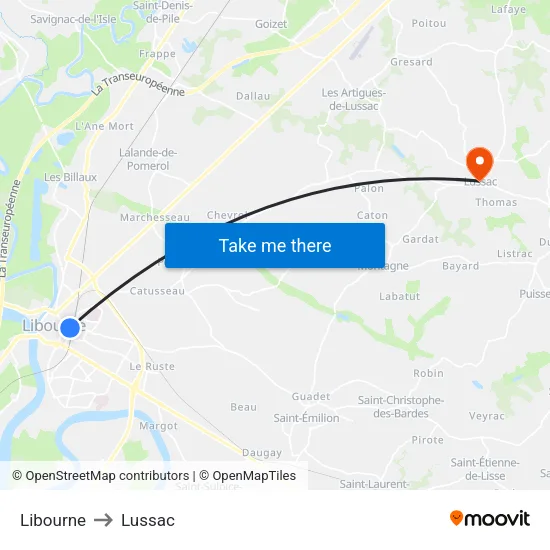 Libourne to Lussac map