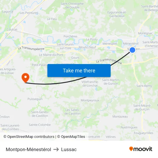 Montpon-Ménestérol to Lussac map