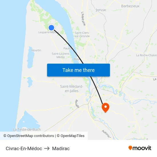 Civrac-En-Médoc to Madirac map