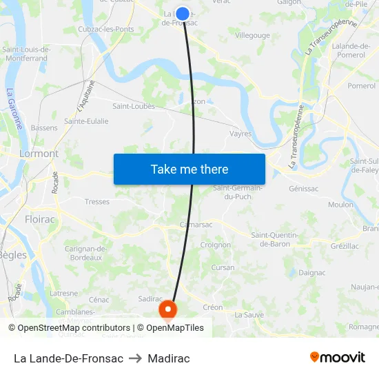 La Lande-De-Fronsac to Madirac map