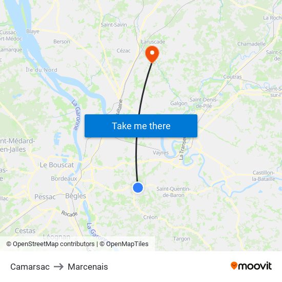 Camarsac to Marcenais map