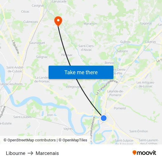 Libourne to Marcenais map