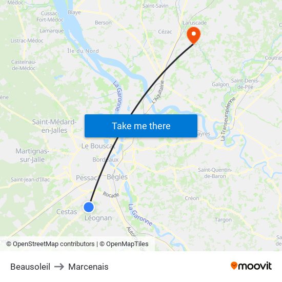 Beausoleil to Marcenais map