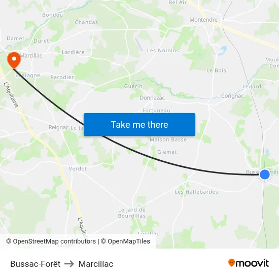 Bussac-Forêt to Marcillac map