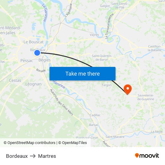 Bordeaux to Martres map