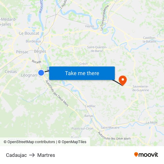 Cadaujac to Martres map