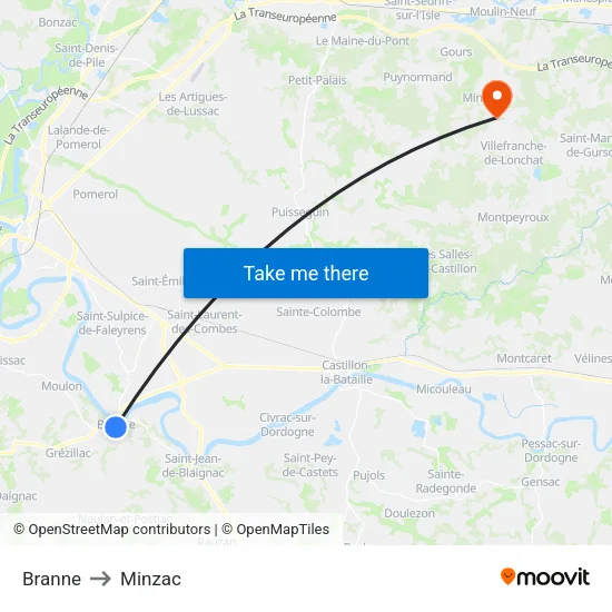 Branne to Minzac map